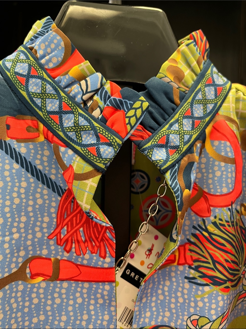 DROSDI Gretchen Scott Designs Blue, Green & Red Printed Puff-Sleeve Belted - Picture 2 of 4